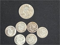 Six Roosevelt dimes all pre-1960 with one silver,