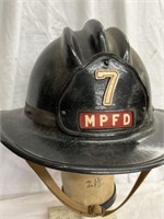 ANTIQUE MPFD FIRE HELMET WITH LEATHER BADGE