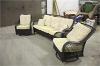 Wicker Love Seat, (2) Chairs w/Cushions & Pillows