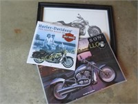 2 harley davidson calenders & framed V-rod print