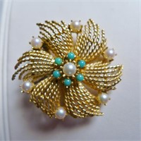 Gold, Pearl and Jade Brooch