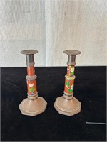 Pair of Brass & Cloissone Candlesticks