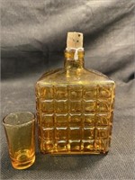 Vintage Square Amber Decanter And Shot Glass W/