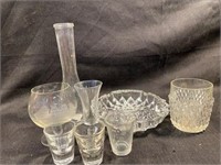 Misc Glass Lot W/ Ashtray, Shot Glasses Vase