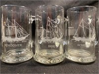 Set Of (3) Schooner And Brig Ships Etched Glass