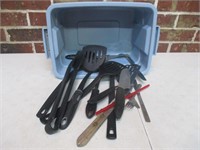 Rubbermaid Tote with Kitchen Utensils Lot