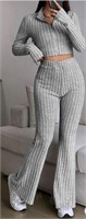 Women's Ribbed Knit T-shirt & Flared Pants Set-XS