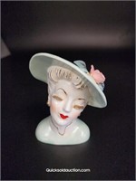 Green Hat Lady Head Vase 4 1/8" H