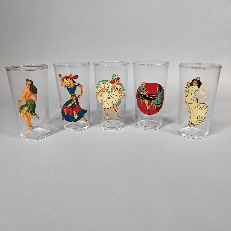 5 Pinup Girl Peek-a-oo Drinking Glasses