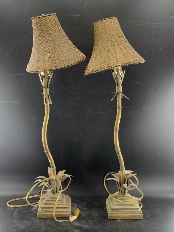 Pair of table lamps resembling bamboo shoots, with