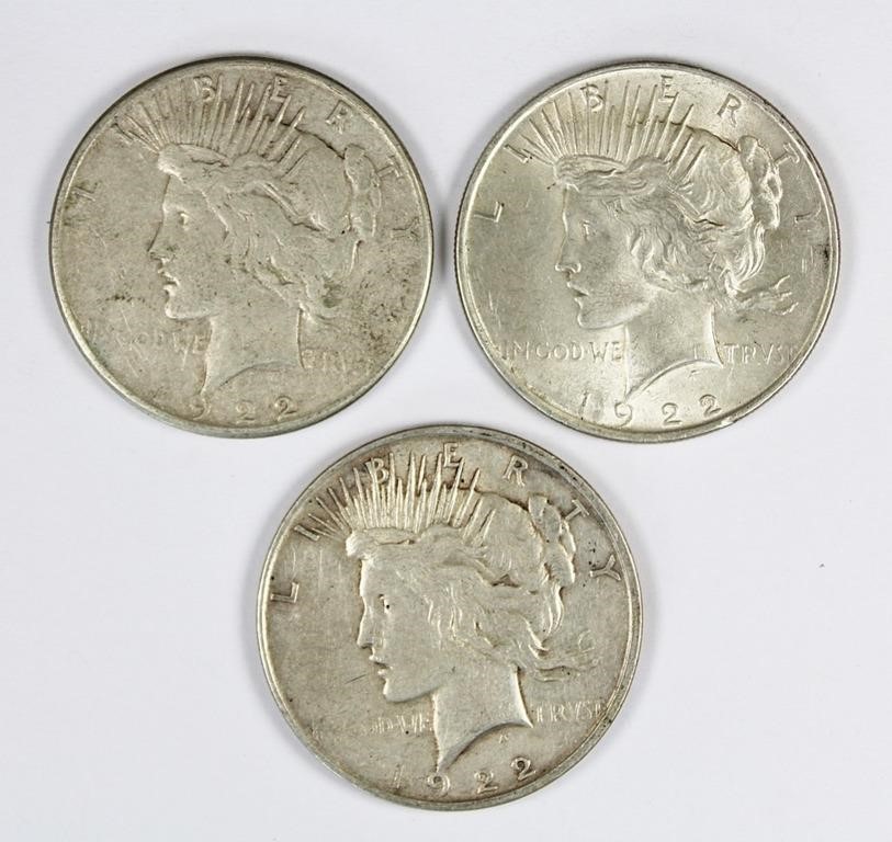 (3) 1922 PEACE SILVER DOLLARS