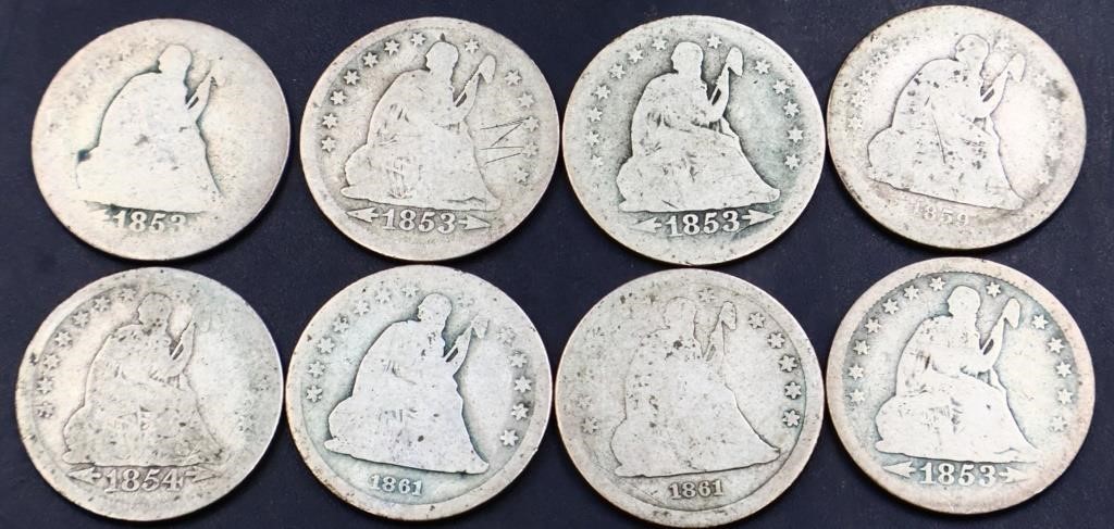 Lot of 8 seated liberty quarters