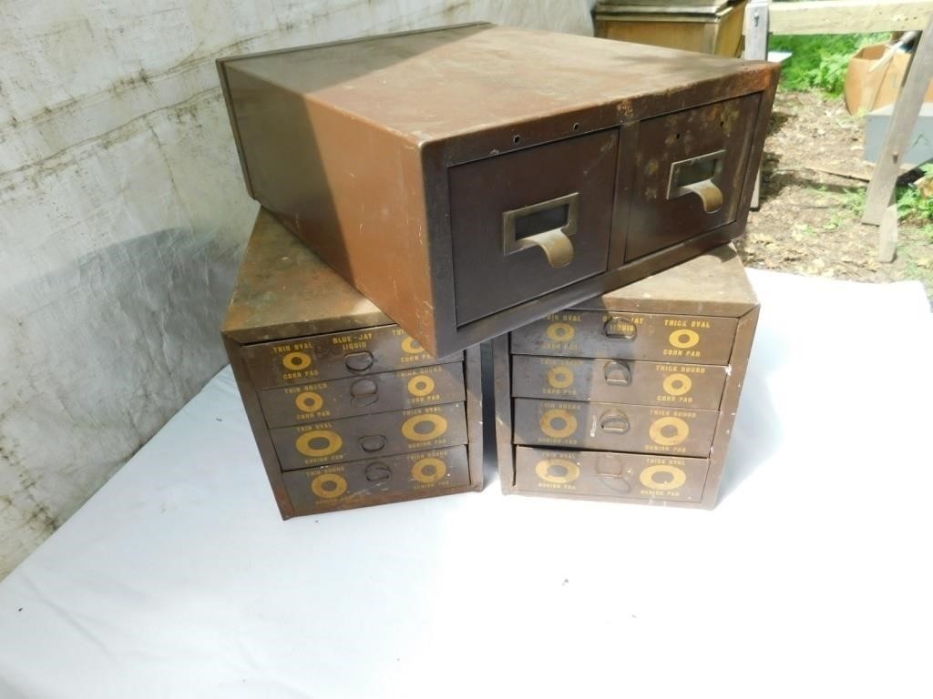 Metal card file + 2 storage containers + contents