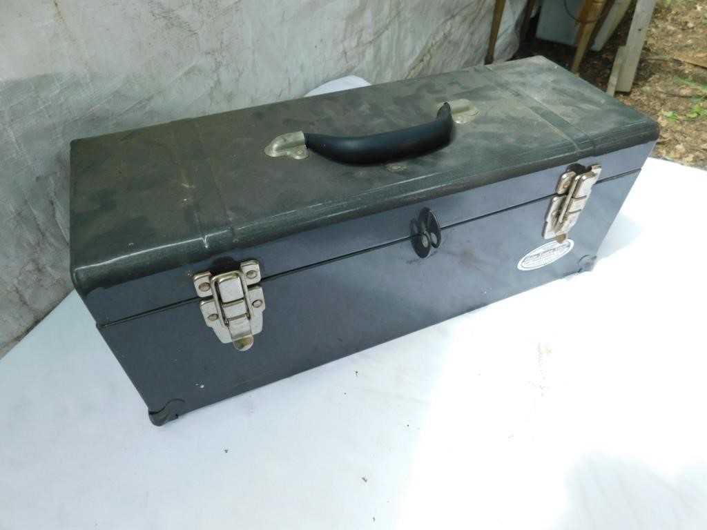 19" long metal tool box with tray.