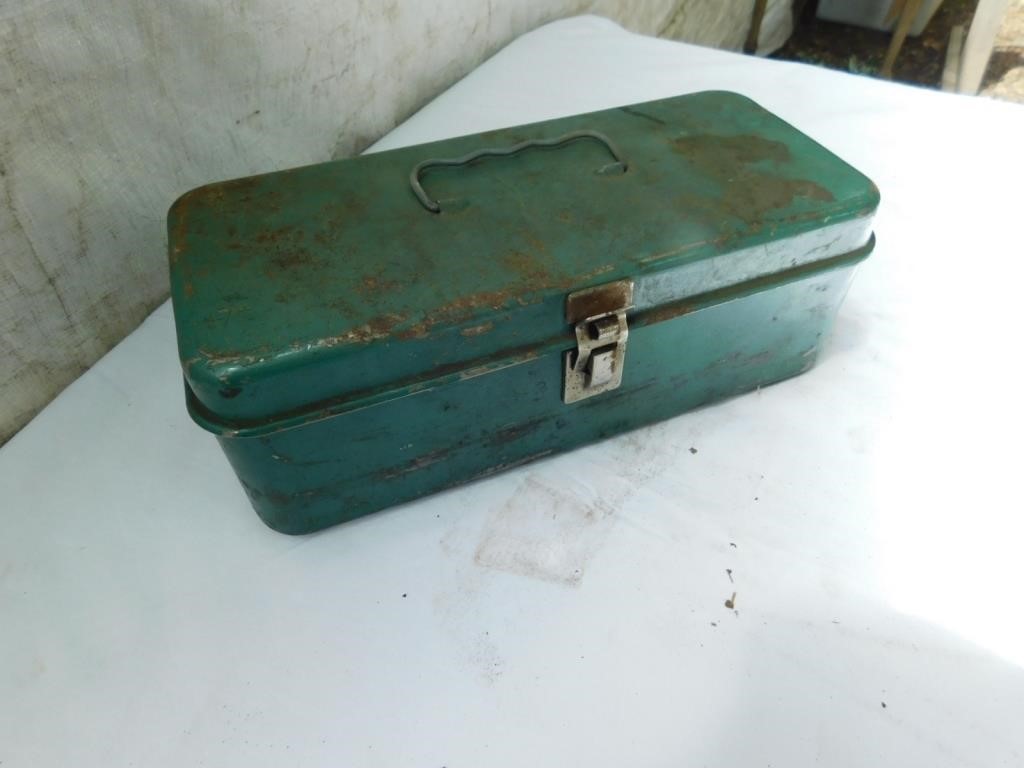 Small metal tool box with screwdrivers.