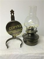 VINTAGE PEWTER OIL LAMP WITH WALL MOUNT BRACKET