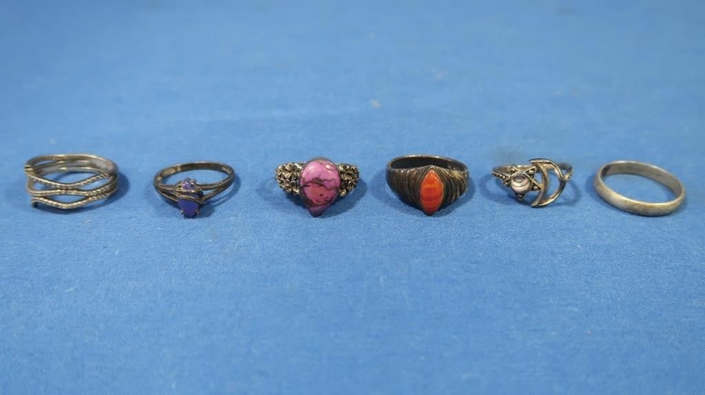 6 Sterling Rings-some w/Stones-Assrt'd Sizes