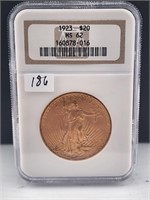 1923 $20 Gold St Gaudens NGC MS62