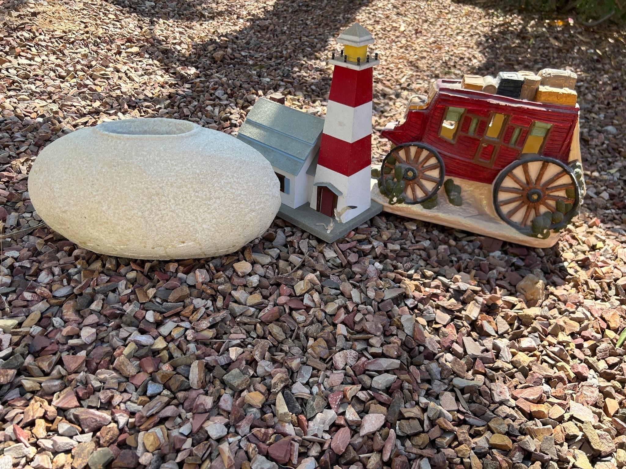 Wood Lighthouse, Plastic Stage Coach, Planter