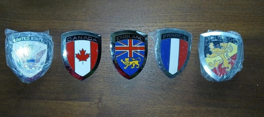 Five (5) Heraldic Auto Emblems USA Canada