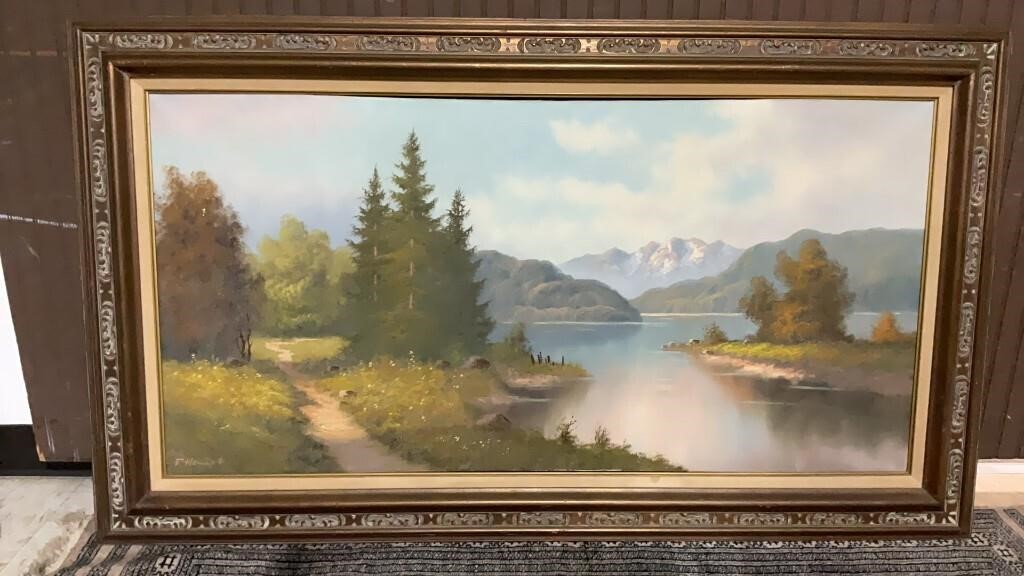 Large Framed Early Riverscape o/c Painting
