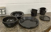 Lot of granite ware plates, bowls, and cups