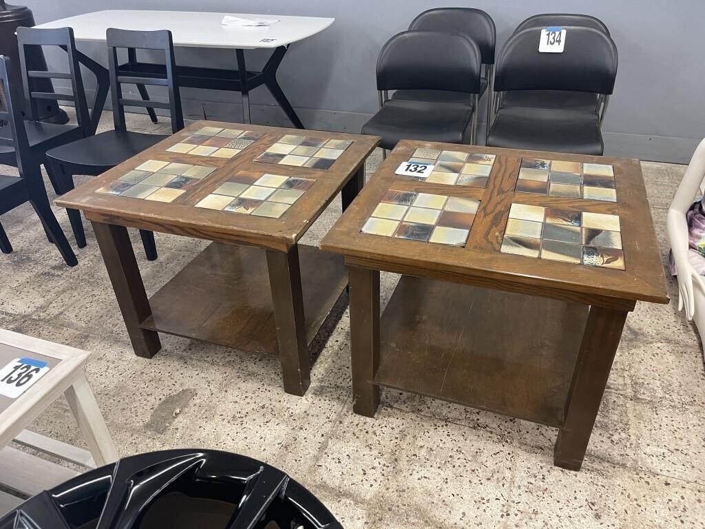 PAIR OF WOOD/TILE TOP END TABLES - 29" X 29"