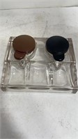 Glass Double Inkwell with Bakelite Lids