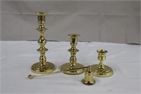 Brass candle sticks, 7.5, 5 & 3" and candle