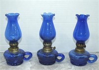 SMALL BLUE GLASS OIL LAMPS