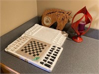 Chess Set; Candlestick/Horse Clock