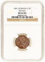 Coin 1841 Bremen Germany 2.5 Schwaren NGC-MS64