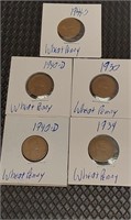 1941,1940,1930,1940,1934 wheat pennies