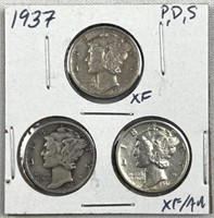 1937-P,D,S Mercury Silver Dimes, US 10c Coins