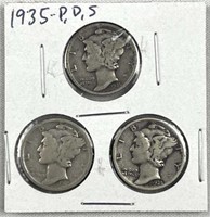 1935-P,D,S Mercury Silver Dimes, US 10c Coins