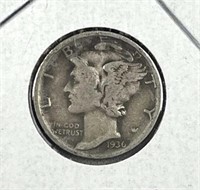 1936-D Mercury Silver Dime, US 10c Coin