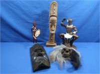 Wood Carved African Head & Masks, Ceramic Figure
