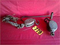 2- vintage wooden pulley & hay tong