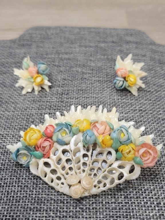 1950s Brooch & Earrings Made w/ Mini Shells