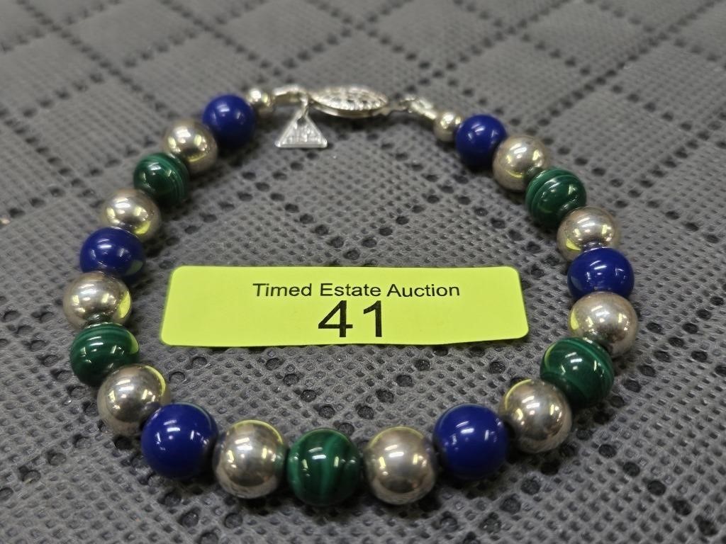 STERLING SILVER LAPIS & MALACHITE BRACELET, 13.9 G