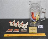 Rooster/Chicken Lot Plastic Pitcher, 4 Ceramic