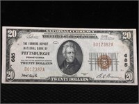 $20 National Currency Note Farmer Nat Bank 1929 Bu