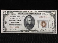$20 National Currency Note Farmer Nat Bank 1929 Bu