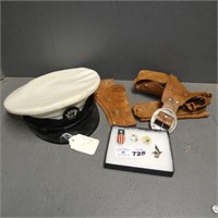 USN Navy Hat, Leather Holsters, Pins