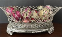 Vintage Glass Ornaments in Wire Container