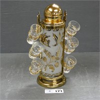 Mid Century Glenshaw Glass Gold Pump Decanter