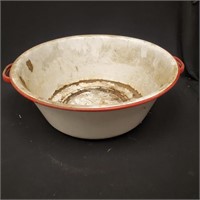 Vtg White W/ Red Trim Enamelware Handled Pot