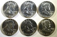 (6) 1958-D FRANKLIN HALF DOLLARS, CH BU