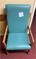 2 Wood frame blue vinyl chairs Medical use