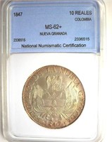 1847 10 Reales NNC MS62+ Nueva Granada RARE
